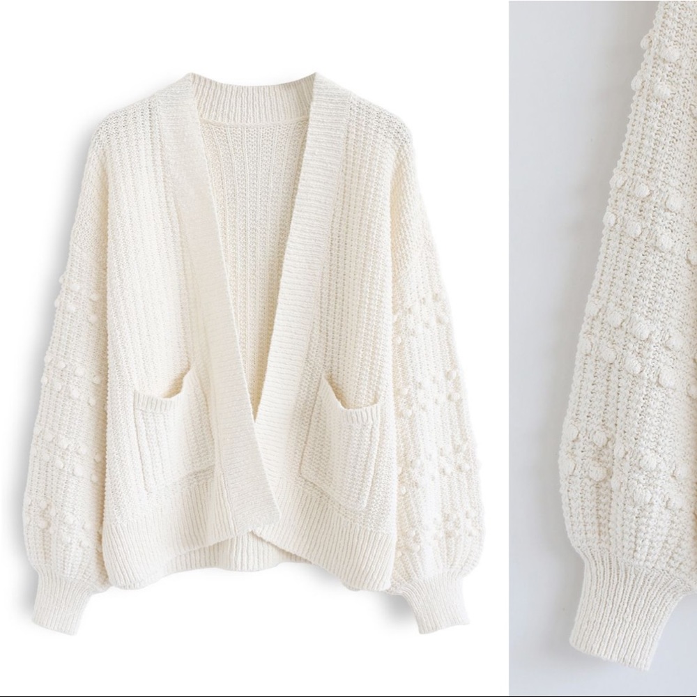 SOLD ❌BUBBLE-SLEEVE POCKETS CARDIGAN WITH POM-POM